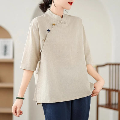 New Women's Retro Cotton Linen Short-sleeved Shirt with Diagonal Placket and Stand-up Collar Tea Top