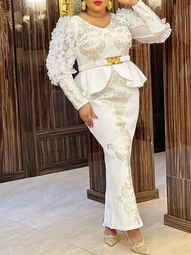 Luxury Wedding Party Evening Dresses For Women African Dashiki Sequin Mermaid Robe Elegant Long Sleeve Dress Africa Clothing