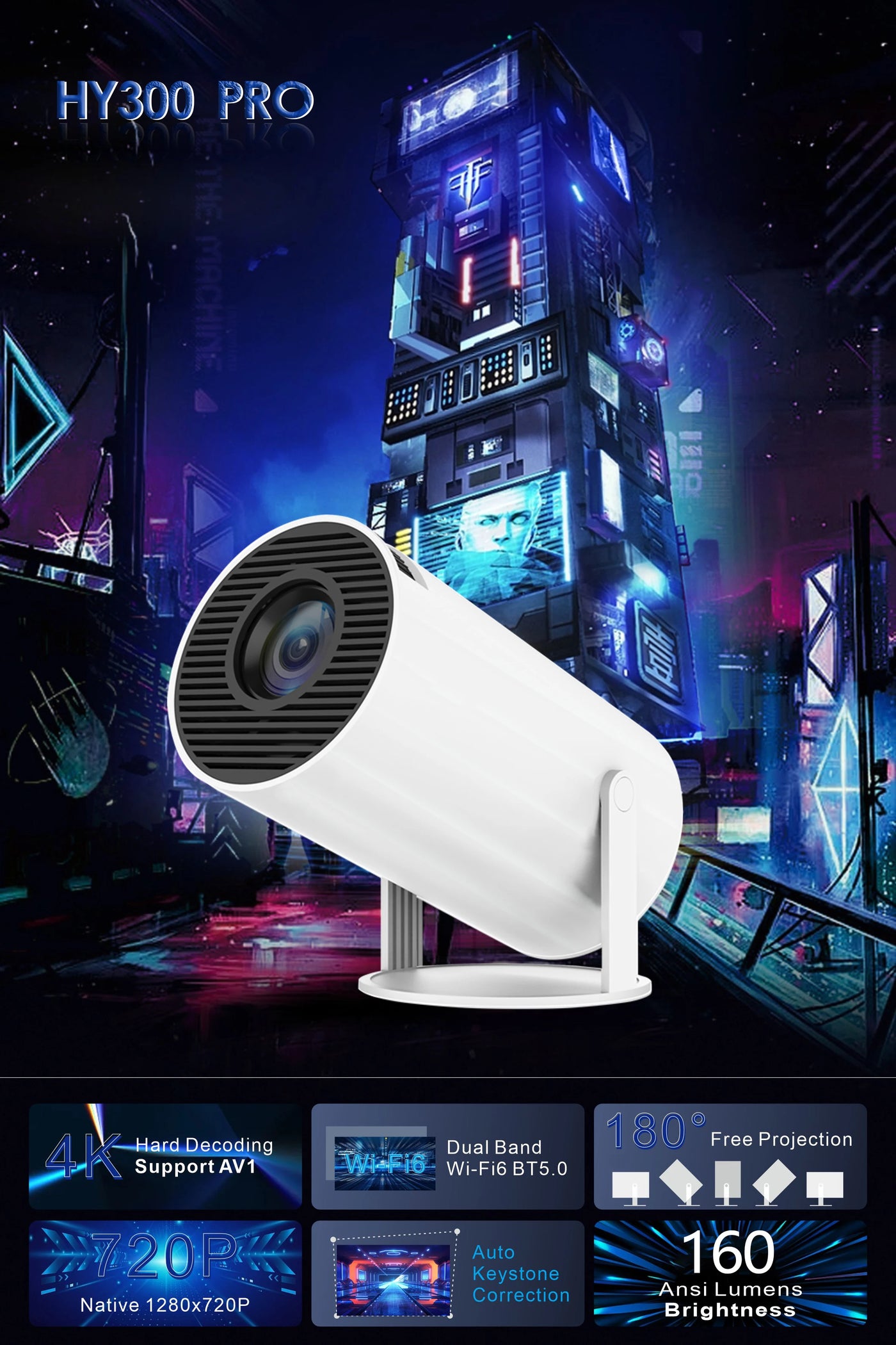 2025 Outdoor Portable Mini Projector 720P XP300 Pro，WiFi 6 & BT 5.4，180° Rotation，4500 Lumen 3W Speaker for Camping Movie Night