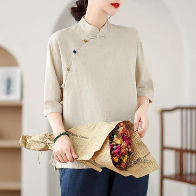 New Women's Retro Cotton Linen Short-sleeved Shirt with Diagonal Placket and Stand-up Collar Tea Top