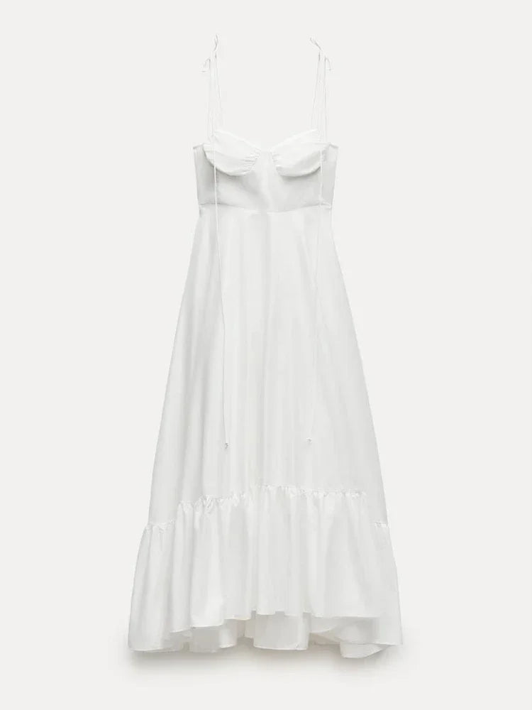 ZBZA Women's Tiered Poplin Dress Sweetheart Neckline Adjustable Bow Straps Sleeveless Camisole Midi Dress New Female Chic Dress