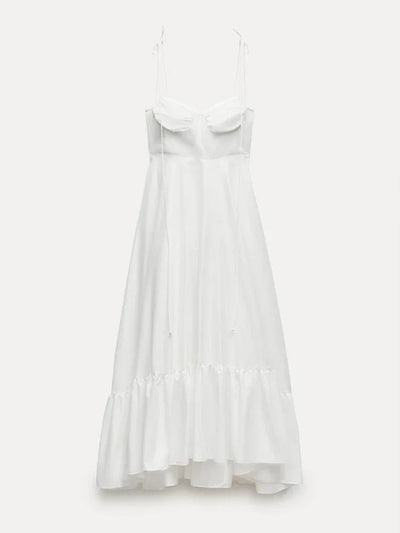 ZBZA Women's Tiered Poplin Dress Sweetheart Neckline Adjustable Bow Straps Sleeveless Camisole Midi Dress New Female Chic Dress