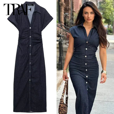 TRAF Women's Dresses Elegant Blue Long Dresses Summer 2025 Midi Sexy Resort Dress Vestido Ruffled Corset Button Up Woman Dresses