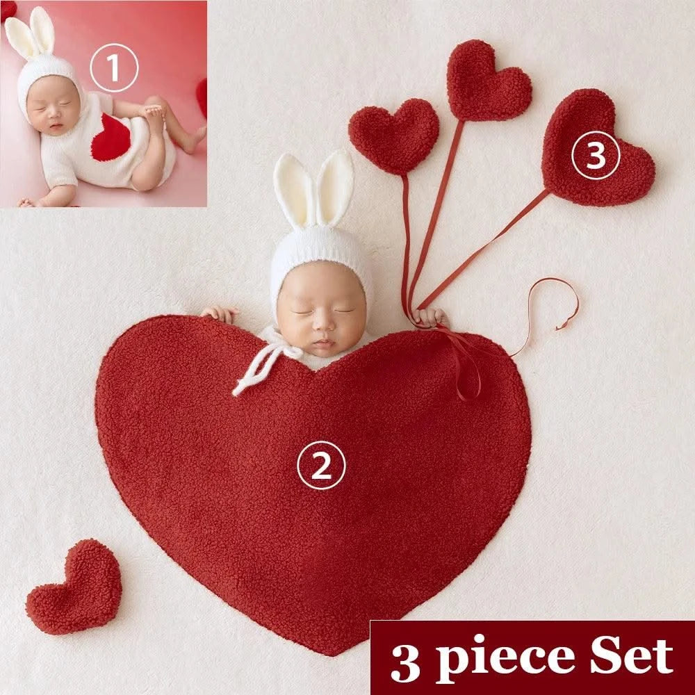 New-Baby Rabbit Costume With Cute Bunny Ear Hat & Love Shape Pocket Background Props | New-born Photography Theme Set