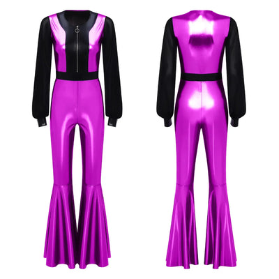 Womens Vintage 70s 80s Disco Dance Jumpsuit Mesh Long Sleeve Bell Bottom Pants Metallic Shiny Rompers Bodysuit Halloween Costume