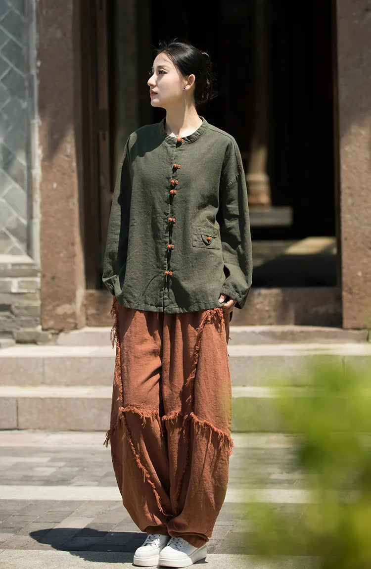 Cotton Linen Women's Literary Vintage Ramie Tops Shirt Women's Patchwork Colour Plate Button Lapel Cardigan Jacket Chinese Style