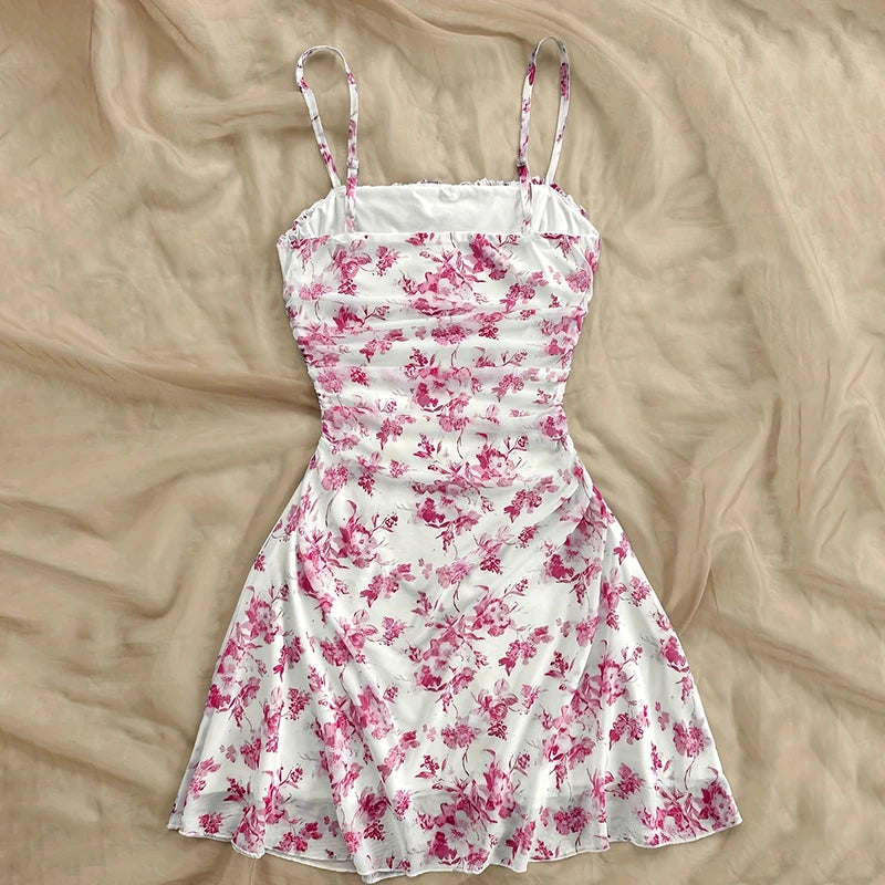 New French Floral Slip Dress for Women Spring Summer Sexy Temperament Backless Mini Dresses Vacation Style Sling Beach Skirt
