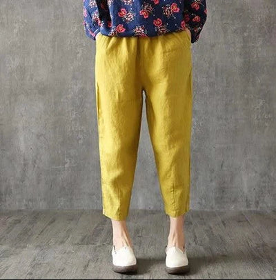 Activewear Women Summer Elastic Waist Cotton Linen Pants