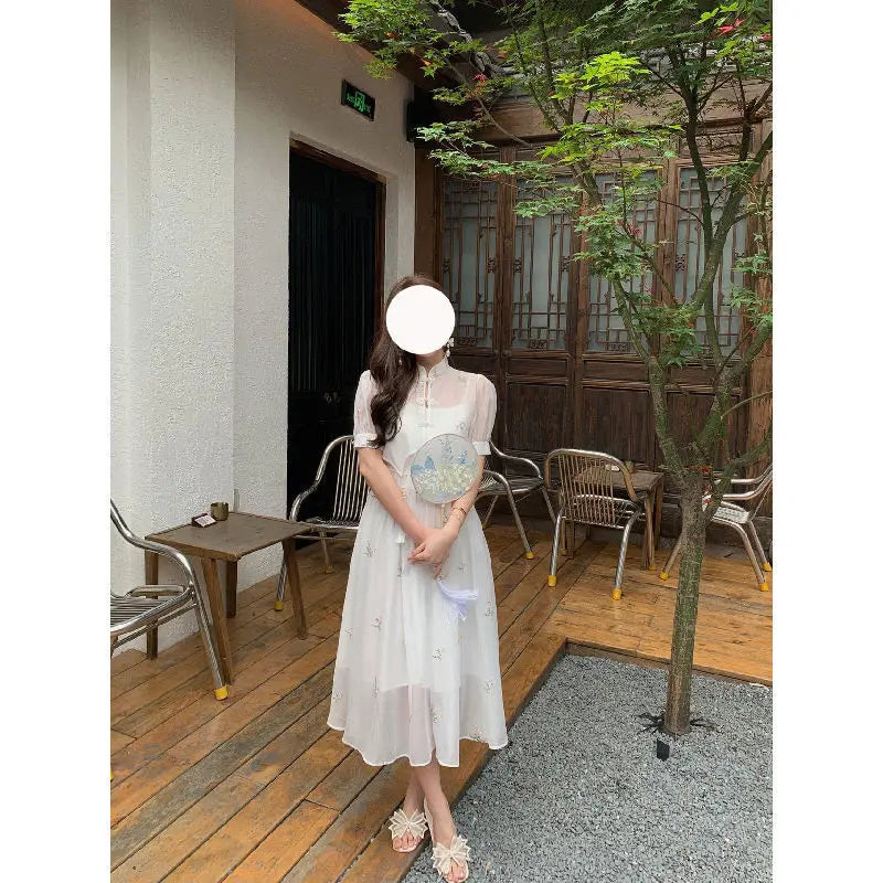 Dress Sets Summer Women Chinese Style Floral Hight Waist Mesh Midi Dresses Elegant Casual Gentle Wind Female Dress Vestidos