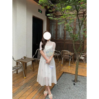 Dress Sets Summer Women Chinese Style Floral Hight Waist Mesh Midi Dresses Elegant Casual Gentle Wind Female Dress Vestidos