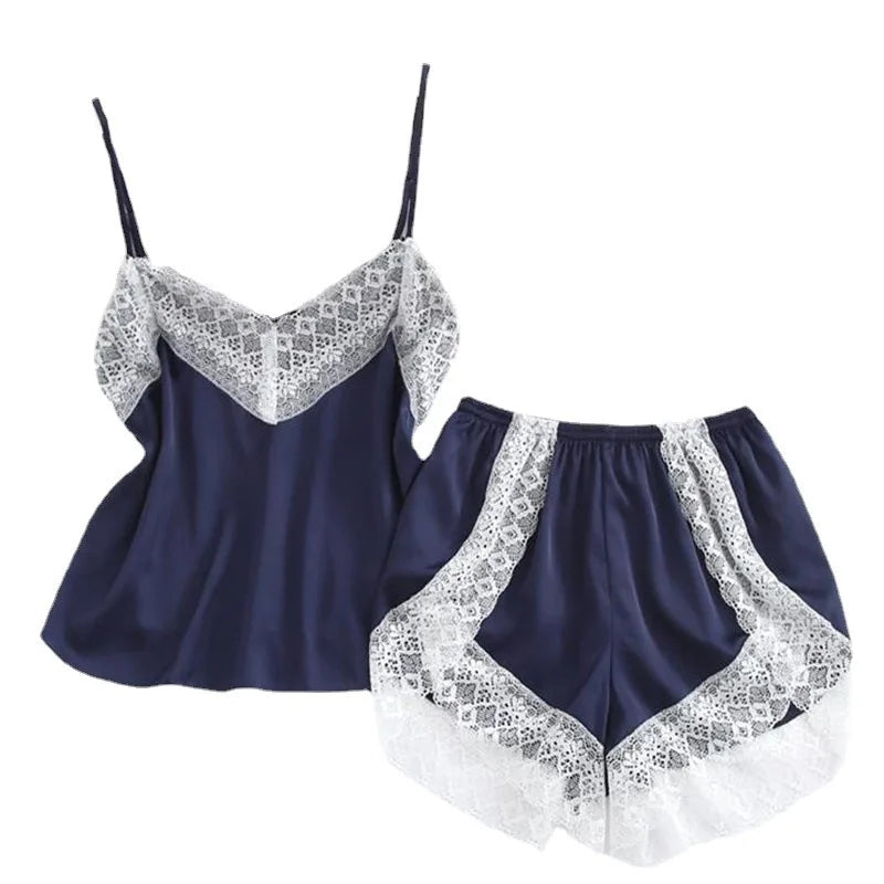 Women's Sleepwear Set Sexy Lace Trim Sleeveless Camisole Shorts Pajama Sets Summer Two Piece Nightwear Loungewear for Women ﻿