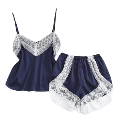 Women's Sleepwear Set Sexy Lace Trim Sleeveless Camisole Shorts Pajama Sets Summer Two Piece Nightwear Loungewear for Women ﻿