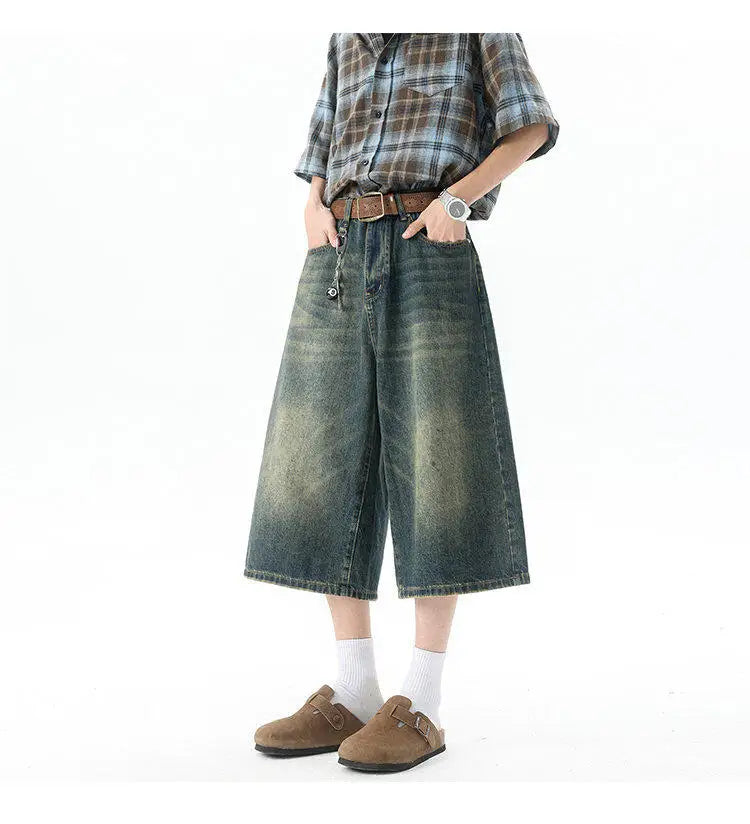 Trendy High-Waisted Wide-Leg Cropped Jeans for Men 2025 Summer Casual Stretch Denim Capri Pants Comfort Fit & Stylish Outfit 8XL