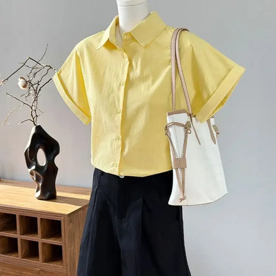 Women Clothing Summer Fashion Casual Button Solid Color Polo Collar Female Simplicity Temperament Appear Thin Short Sleeve Tops