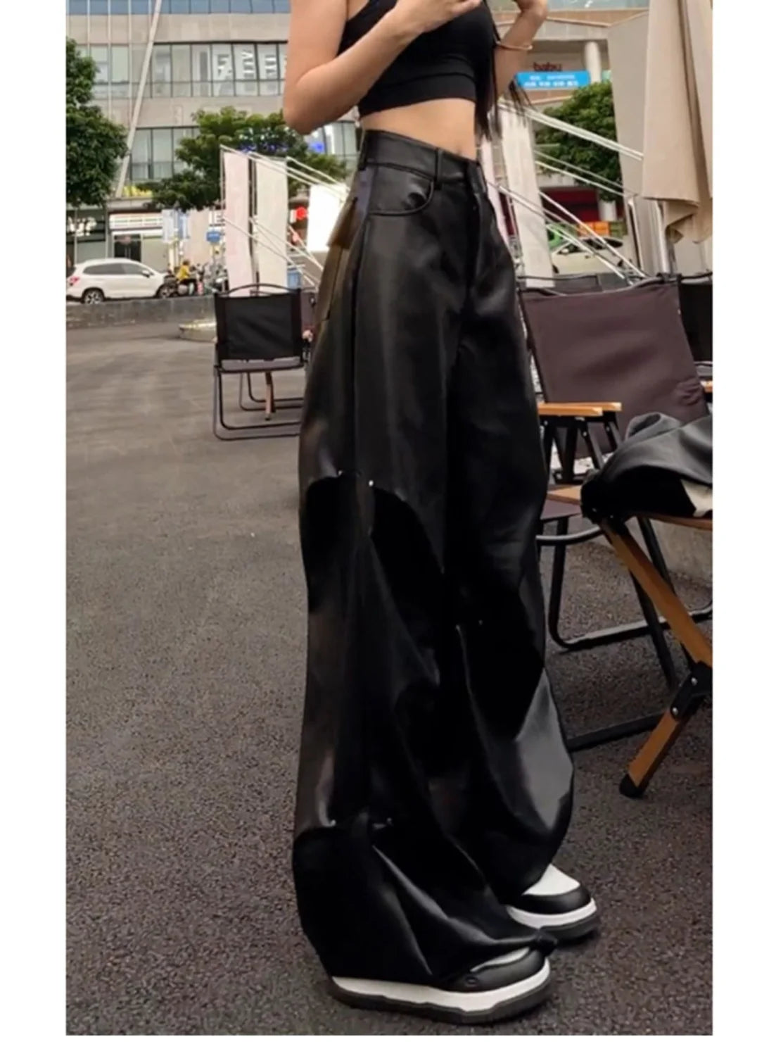 Fashionable Wide Leg Pants for Spring and Autumn Women's New High Waisted Straight Leg Loose Floor Length Casual Leather Pants