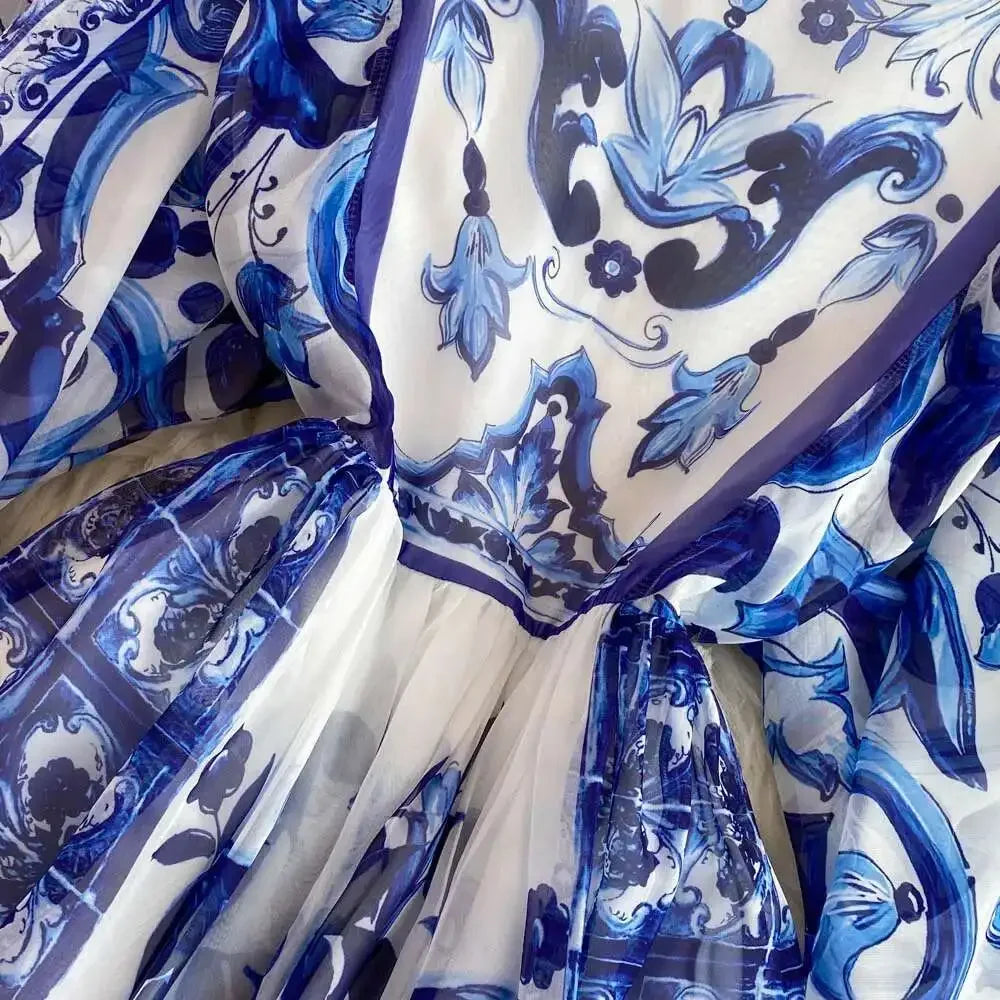 Women Maxi Chiffon Dress Summer Bohemian Rabbits Flower Porcelain Print Clothing Floor Length Flare Sleeve Long Vestidos