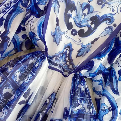 Women Maxi Chiffon Dress Summer Bohemian Rabbits Flower Porcelain Print Clothing Floor Length Flare Sleeve Long Vestidos