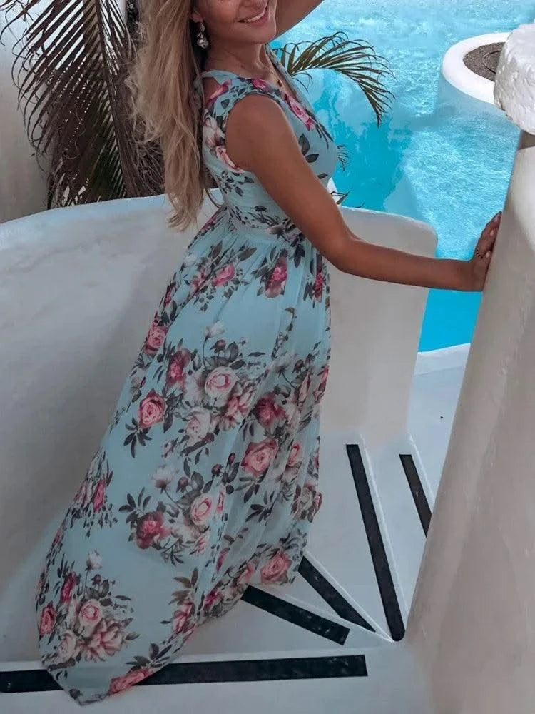 Summer Women Dress Floral Print Fashion Slim V-Neck Tie-Up Backless Chiffon Sexy Sleeveless Slit Maxi Cover-Ups Robe Beach Dress