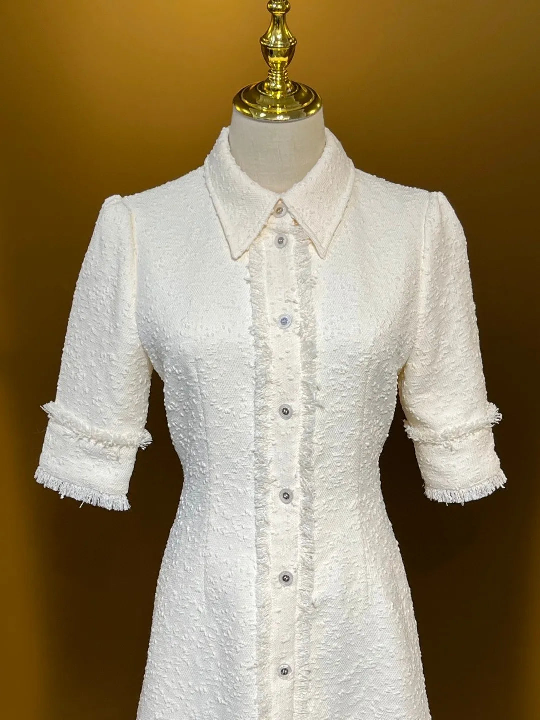 HIGH QUALITY Luxury Designer Autumn Women Cotton Blend  Elegant Tweed Shirt Midi Dress Short Sleeve In White Runway Fashion 2024