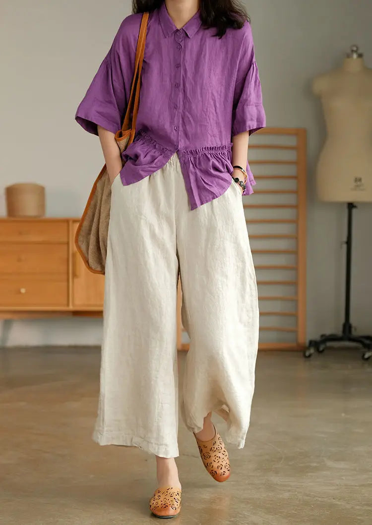 2024 Cotton Linen Home Wear Loose Pants for Women Summer Casual Baggy Wide Leg Trousers Purple Soft Capri Pants Women's Joggers