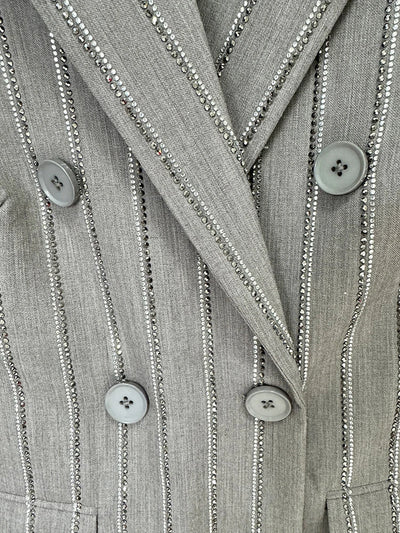 Women Pants Two Piece Sets Women Gray Rhinestone Single Button Blazer + Sparkle Striped Diamonds Pants Suits Evening Party Club