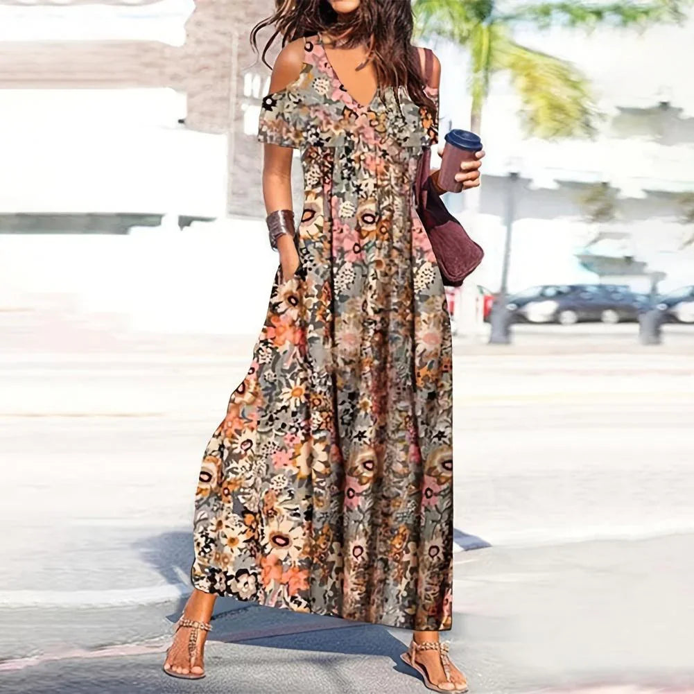 Women Summer Dress Flower Print Hollow Out Short Sleeves V Neck Dress-up Pleated Off Shoulder Soft Maxi Dress Women Clothes