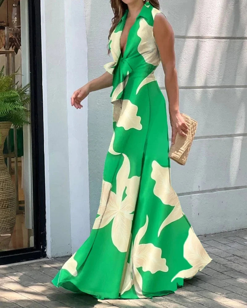 Women Jumpsuit Summer Fashion V Neck Sleeveless Lapel Floral Print Lace Up Loose Wide Legs Pants Romper High Streetwear