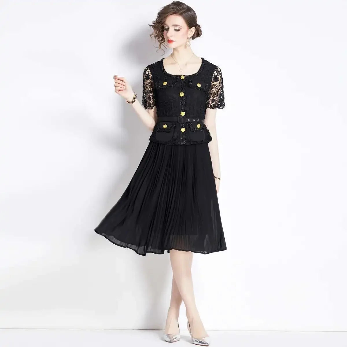 Luxury Evening Dress Women Summer Vacation Short Sleeve Pleated Lace Chiffon Long Dresses White Single Breasted Midi Party Robe