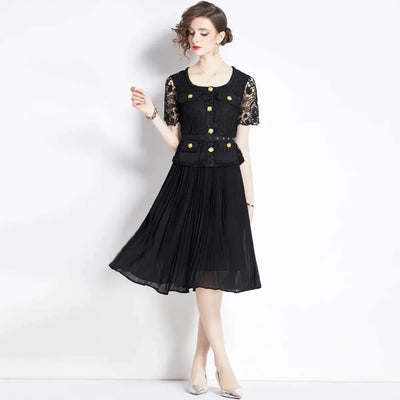 Luxury Evening Dress Women Summer Vacation Short Sleeve Pleated Lace Chiffon Long Dresses White Single Breasted Midi Party Robe