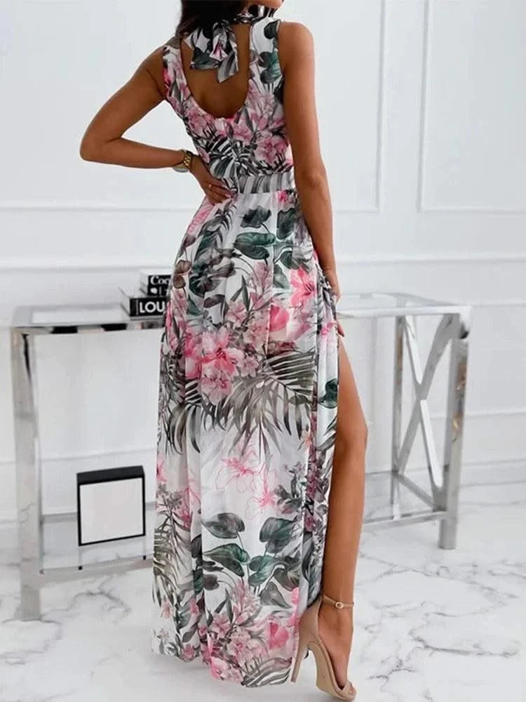 Summer Women Dress Floral Print Fashion Slim V-Neck Tie-Up Backless Chiffon Sexy Sleeveless Slit Maxi Cover-Ups Robe Beach Dress