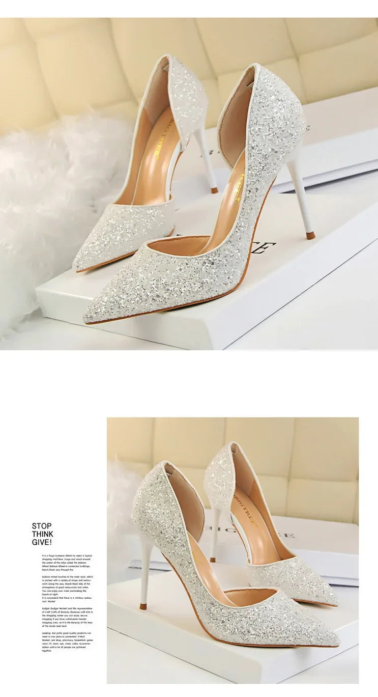 BIGTREE Shoes Champagne Women Pumps Sequin Wedding Shoes Stiletto High Heels Women Shoes Luxury Party Shoes Pumps Plus Size 43