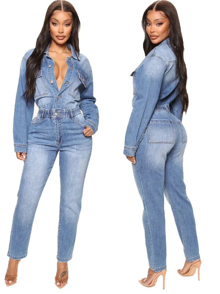 Women Jeans Jumpsuits Single Breasted Solid Denim Washing Overalls Pockets High Street Button Pencil Pants Ankle Length