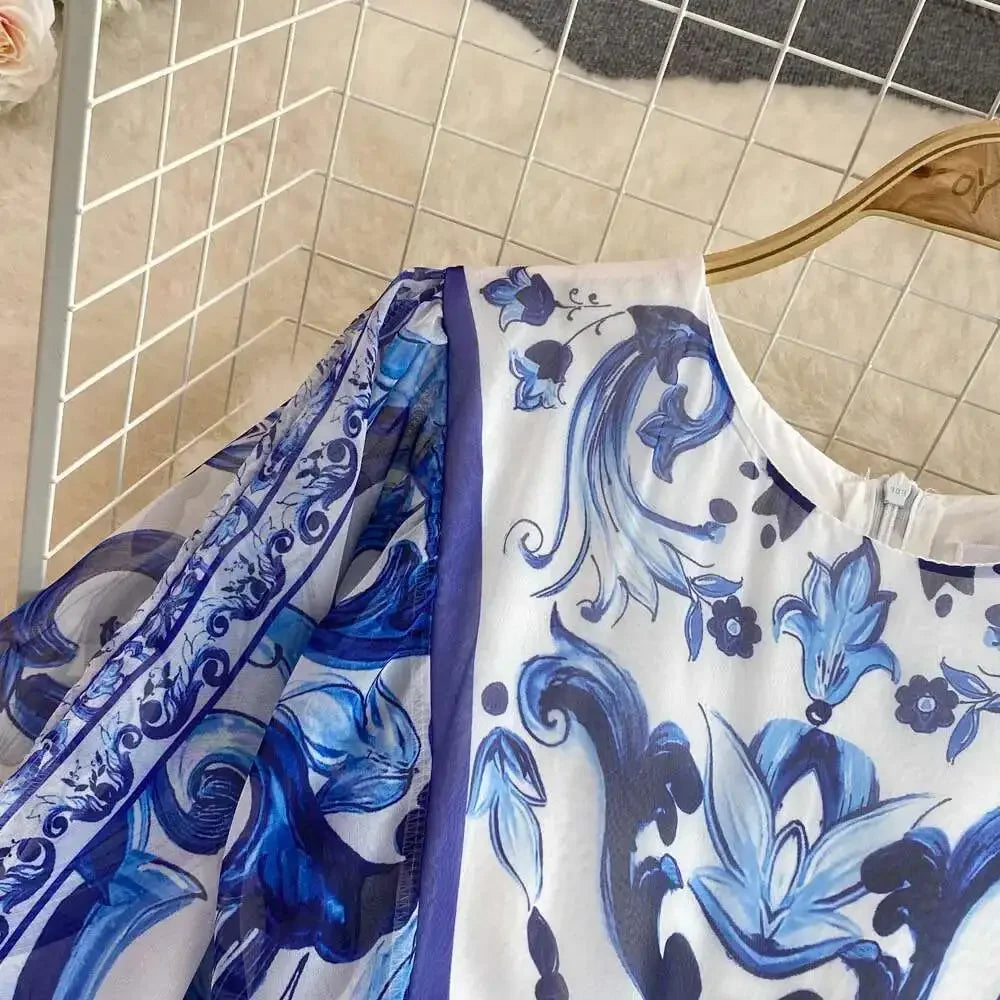 Women Maxi Chiffon Dress Summer Bohemian Rabbits Flower Porcelain Print Clothing Floor Length Flare Sleeve Long Vestidos
