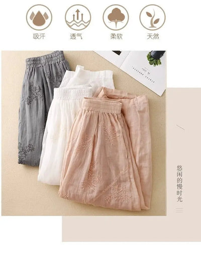 Cotton and Linen Harem Women Summer Vintage Embroidery Lightweight Breathable Lantern Pants