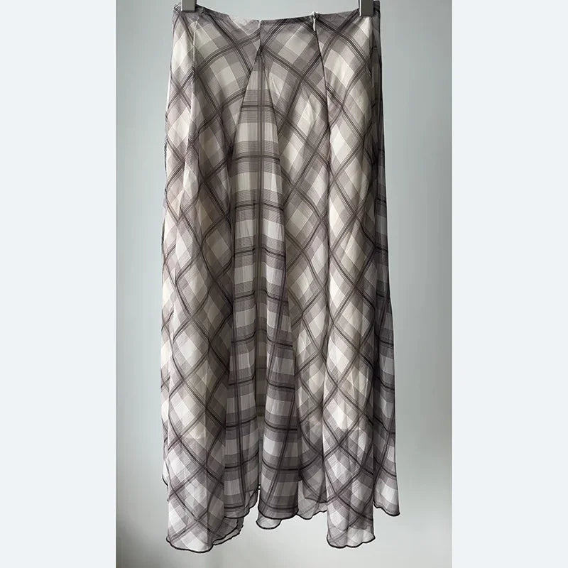 Flowing Check Midi Skirt 2025 Spring Summer New Retro Long Skirt Seaside Holiday Casual Brown Women Clothing