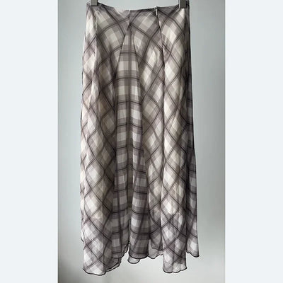 Flowing Check Midi Skirt 2025 Spring Summer New Retro Long Skirt Seaside Holiday Casual Brown Women Clothing