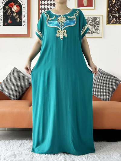 New Dubai Lady Party Summer Solid Cotton Dress with Scarfs African Dashiki Women Maxi Cotton Embroider Loose Vestidos