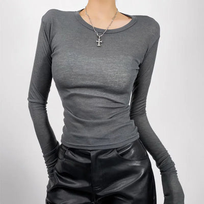 Women Crew Neck Fitted Long Sleeve Semi Sheer T-shirt