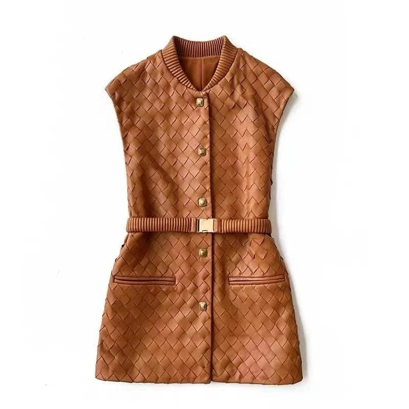 Luxury Hand Knittd Leather Jacket For Women 2024 NEW Female Retro Square Buttons O-Neck Long Vest Waistcoat with Elastic Blet