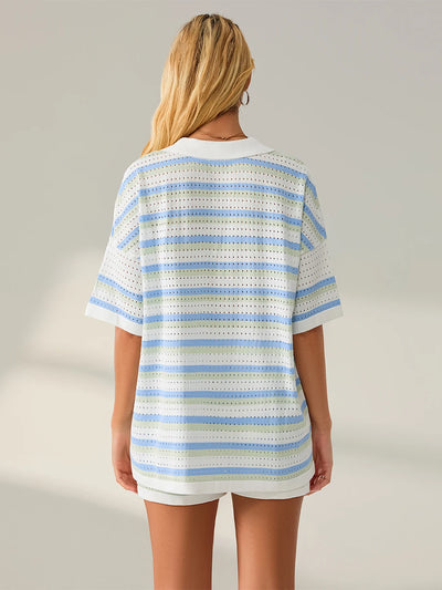 Women Pajamas Set 2 Pieces Loungewear Suits Summer Striped Contrast Color Button Crochet Knit Tops and Shorts Lounge Sets Beach