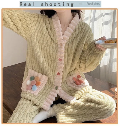 Thickened Warm Flannel Women Sleepwear Loungewear Cardigan Suit Winter Sweet Kawaii Soft Fairy Wind Ladies Pajamas Homewear