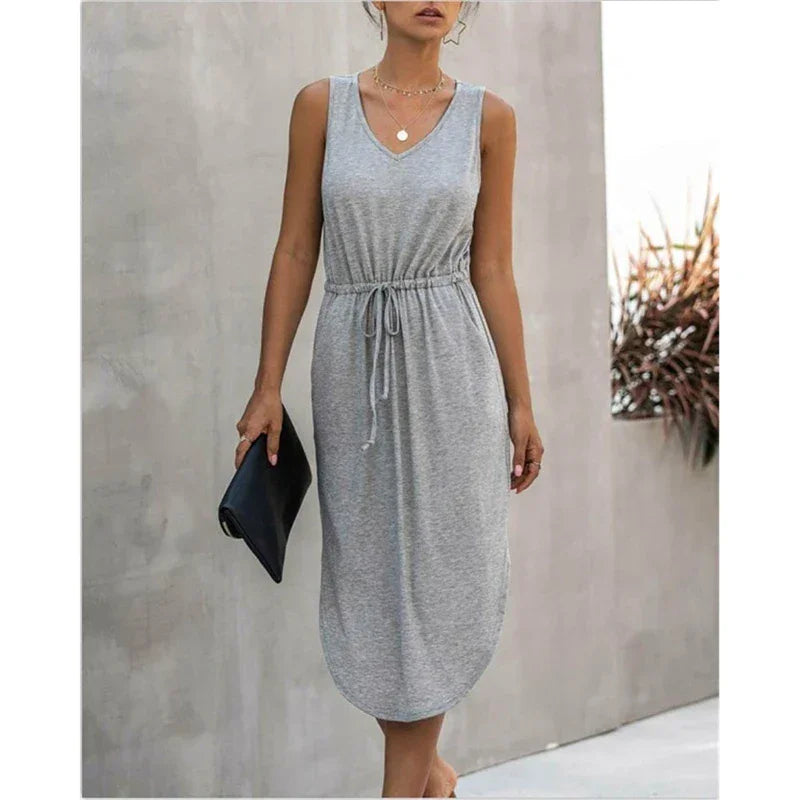 Summer Sleeveless Baumwolle Casual Women Midi V-Neck Solid Tank Dress
