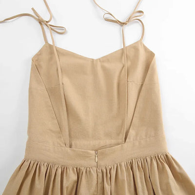 Cotton Linen Solid Color Spaghetti Strap Dresses Women Fashion Leace-up V-neck Backless Beach Vacation Long Dress Female New