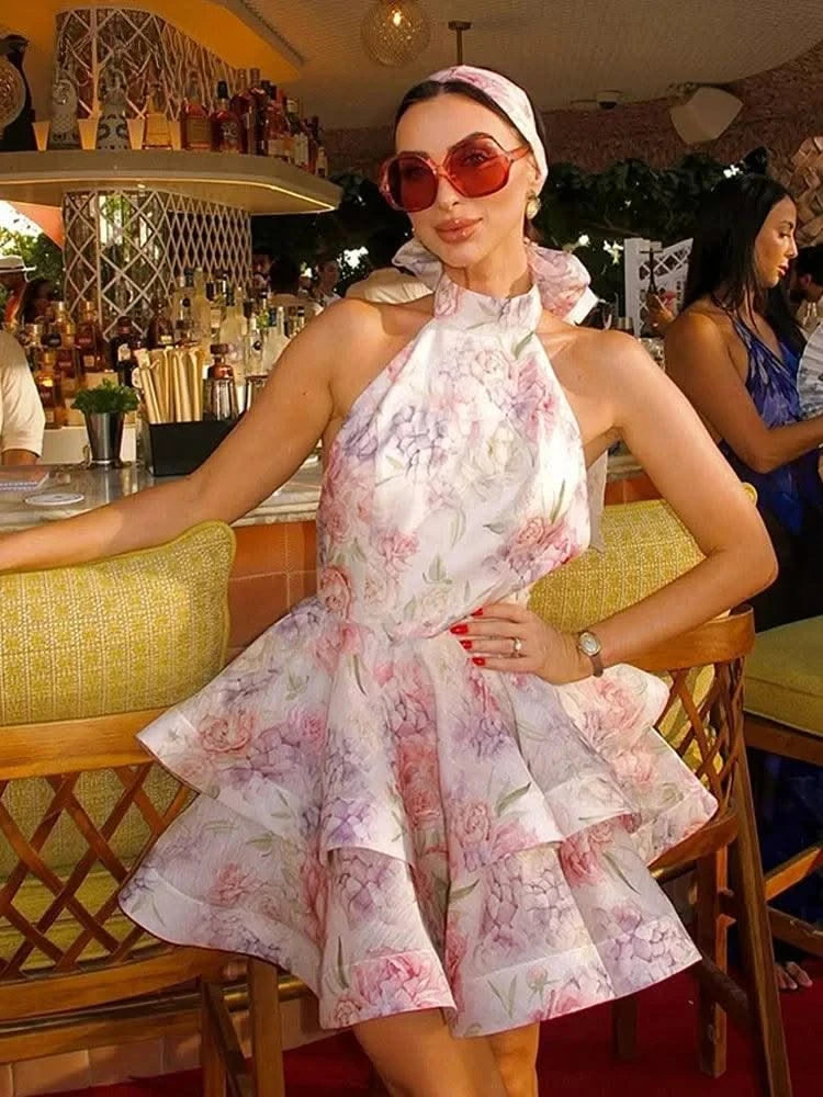 New Summer Party Dress Sweet Print Backless Mini Gown Women Elegant Lace Up Sleeveless A-line Vestidos Female Beach Holiday