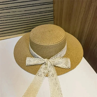 Bucket Hat Beach Summer Straw Hats for Women Flat Top Ribbon Bowknot Elegant Luxury Straw Women Summer Hats Sombreros De Mujer