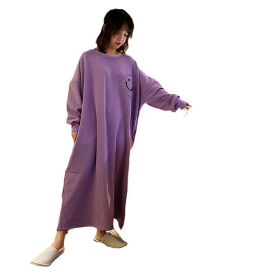 Female Loungewear Smiley Face Autumn Winter German Fleece Thickened Warm Long Nightgown Women Wearable Outdoors Lady Pajamas