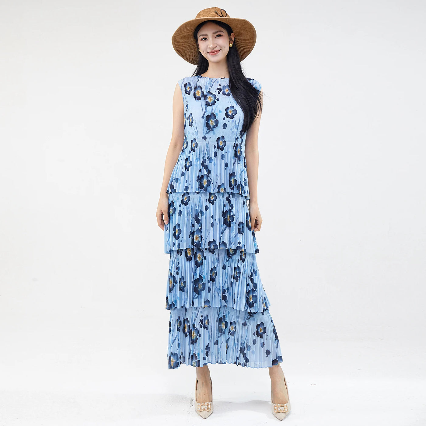 Women Dresses For Summer 2025 Miyake Pleated Dress Summer Fashion Holiday Style Printed Stretch Cake Dress