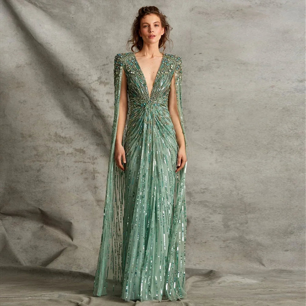 Alice CollectionPro Sage Green Luxurious Women's Evening Dresses 2025 with Cape Sleeves Champagne Long Wedding Dress Customized