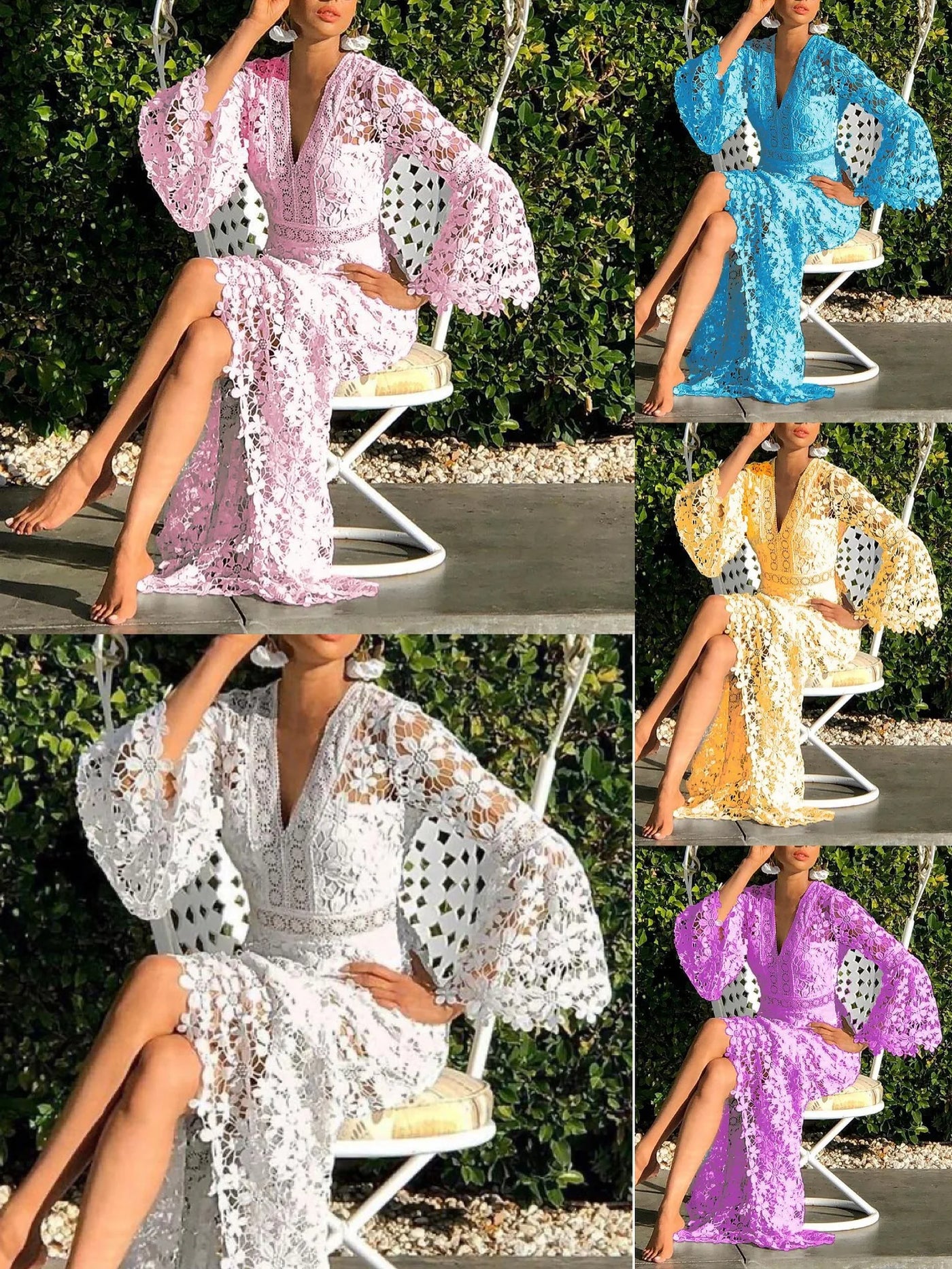 Summer Dress for Women See Through Hollow Out Sexy Long Dresses Long Sleeve V-Neck Lace Dress Loose Bohemian Loose Beach Smock