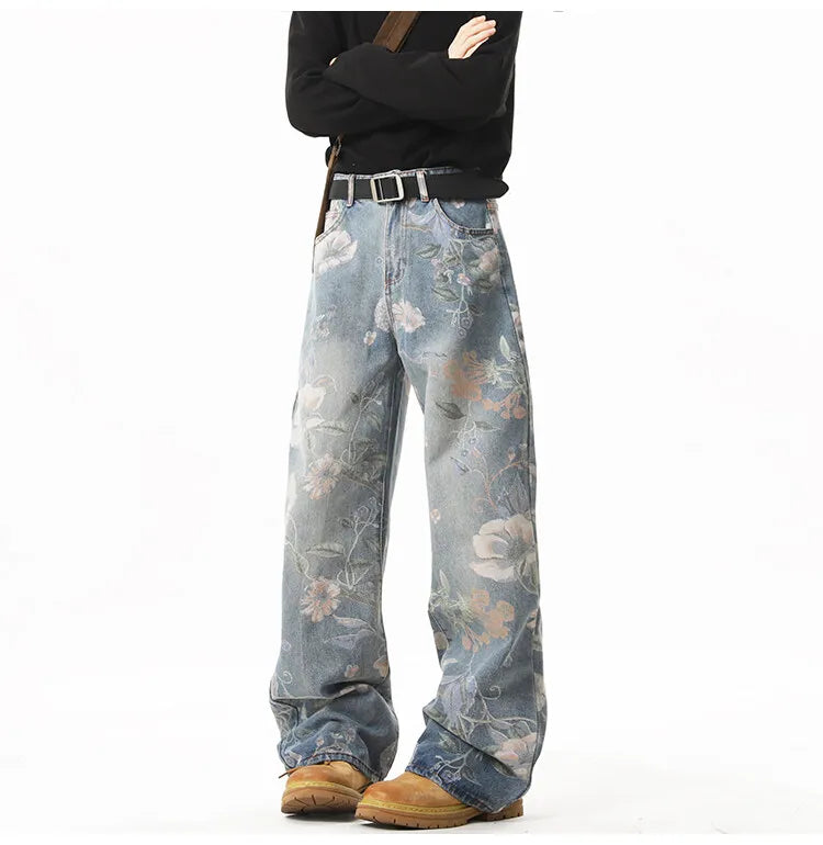 Printed denim jeans men American hip-hop High quality men women trendy retro floral print straight leg loose wide casual pants
